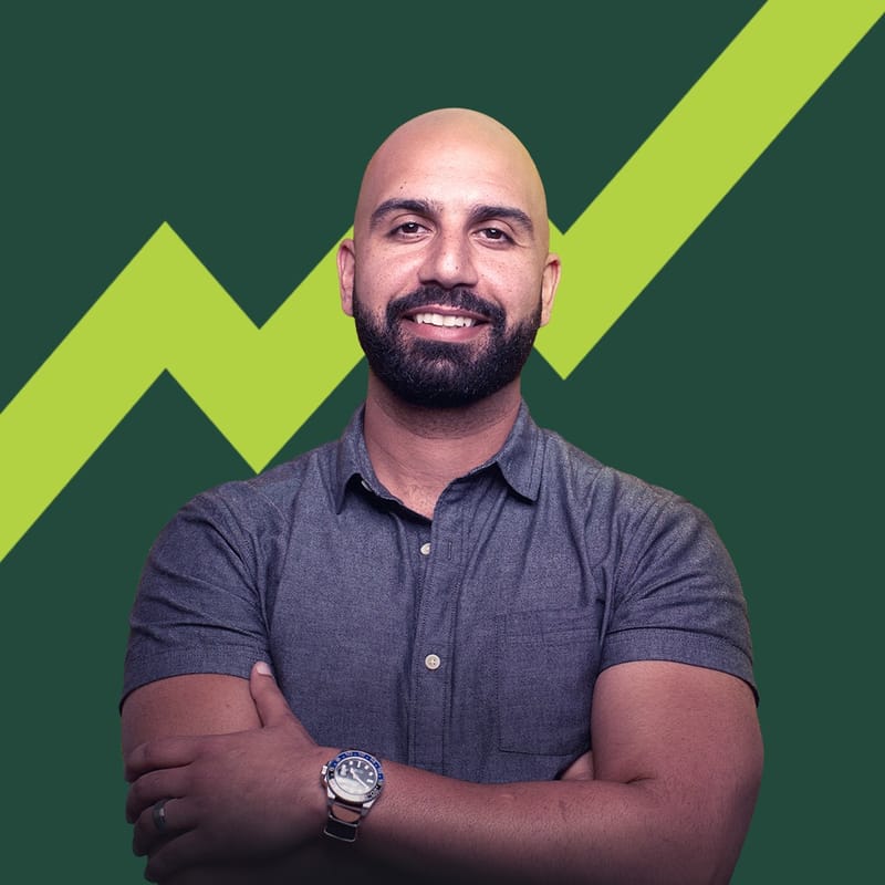 Headshot of Ayman Al-Abdullah against a green background with an upward zigzag growth line